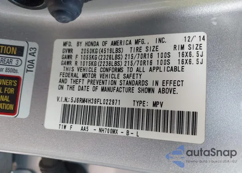 2015 Honda Cr-V Lx z USA, uszkodzony, nr VIN 5J6RM4H39FL022971